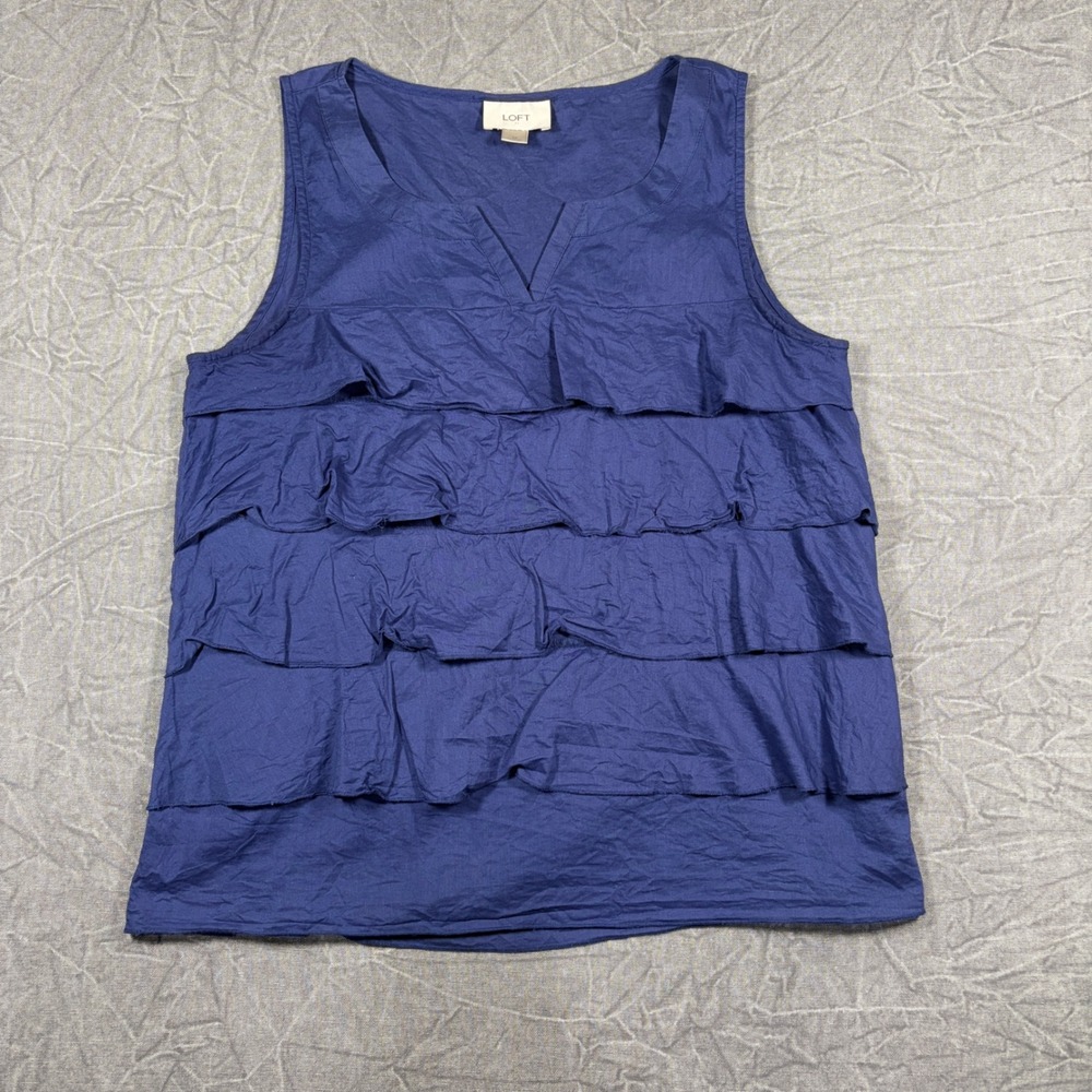 LOFT Top Womens Medium Blue Ruffle Tiered Sleeveless Split V-Neck Cotton Blouse
